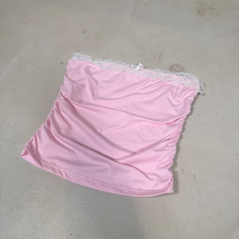Pink Ruched Lace Trim Tube Top Coquette Y2K Strapless Crop Cami Small Bow